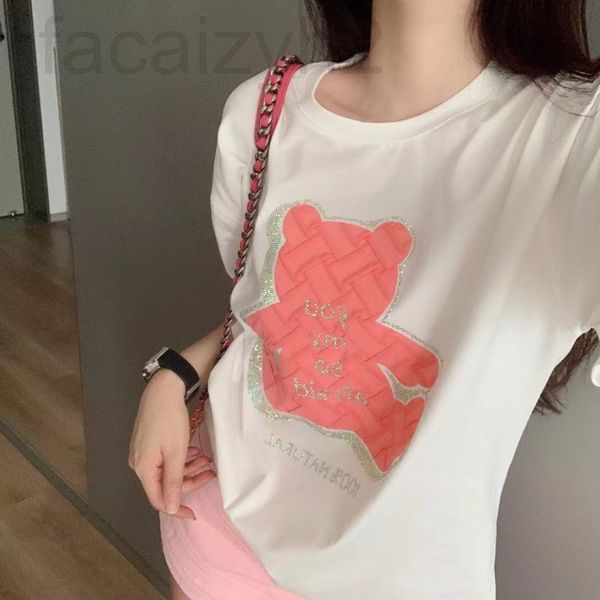 

women's t-shirt designer chaopai 22 early spring new paste cloth bear color contrast and drill technology sweet age reduction leisure v, White