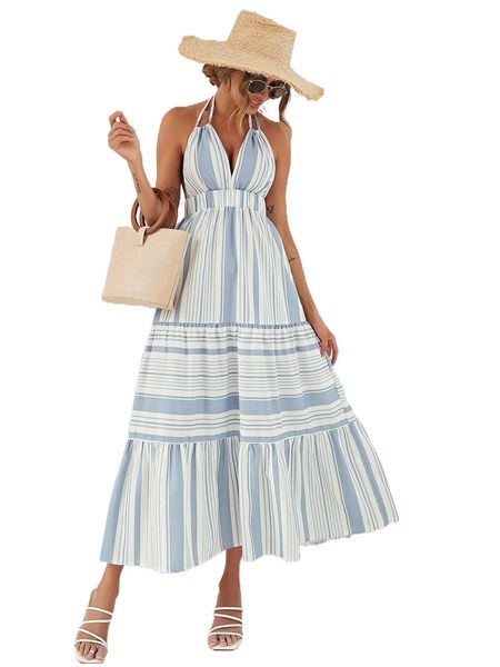 

striped print backless dress b28n#, Black;gray