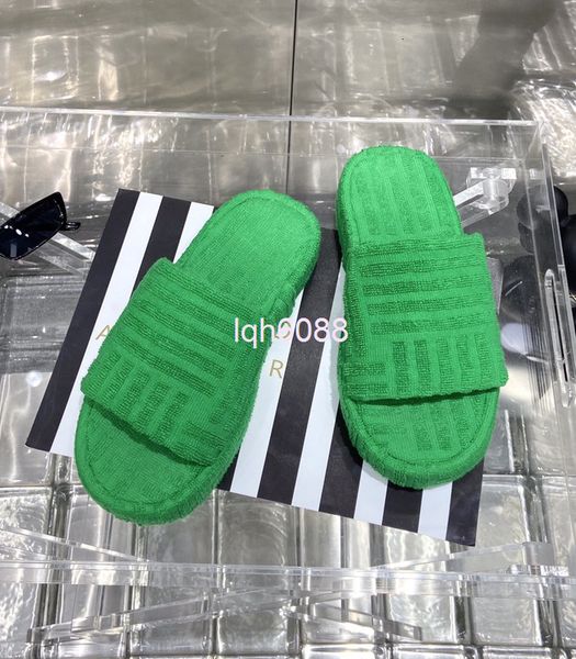 

slippers mona same towel slippers, thick soled flat shoes, women wear net outside, red women's style, home simple, one word wool slippe, Black