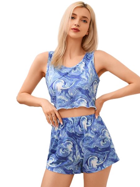 

marble print lettuce trim pj set u3uw#, Black;red