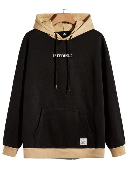 

men letter graphic color block kangaroo pocket drawstring hoodie f3xo#, Black