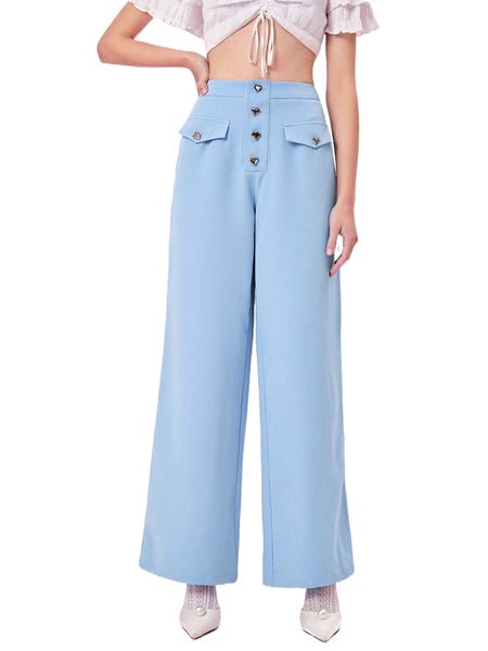 

mod high waist flap detail button fly wide leg pants b1i5#, Black;white