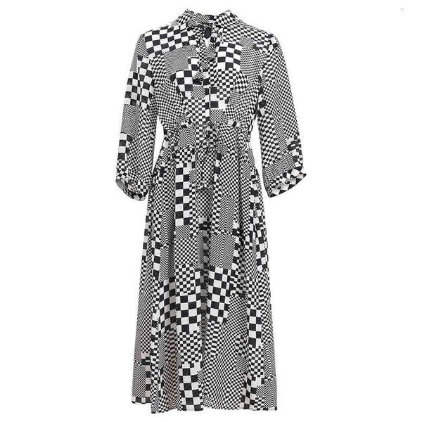 

lace up printed silk dress women's medium length mulberry high waist a-line skirt, Black;gray