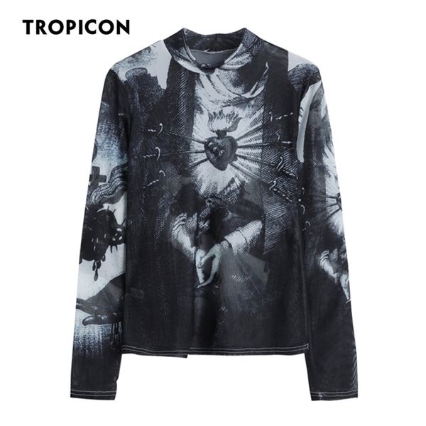 

tropicon goth mesh women trend fashion graphic t shirts long sleeve turtleneck see through tshirts european clothing 220517, White