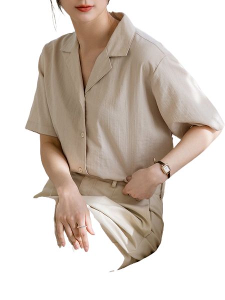 

dazy-less lapel neck slit hem solid blouse 81qh#, White