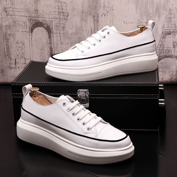 

classic white party casual dress wedding shoes british style genuine leather flat sneakers spring autumn lace-up popular chunky men business, Black