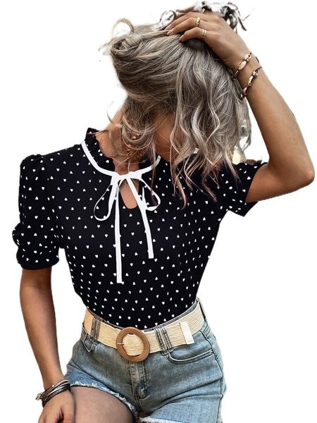 

confetti heart print frill tie neck puff sleeve blouse s4id#, White