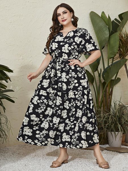 

plus allover floral print flutter sleeve ruffle hem belted dress 587f#, Black