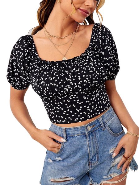 

heart allover print puff sleeve a8mv#, White