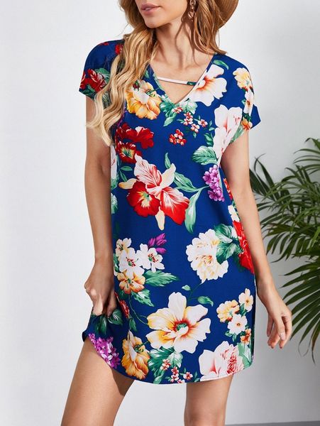 

keyhole neck floral print tunic dress v5kz#, Black;gray