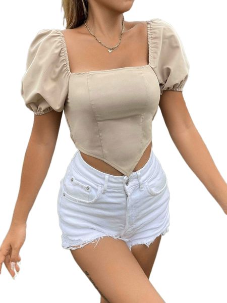 

square neck puff sleeve bandana hem shirred back crop blouse g1vp#, White