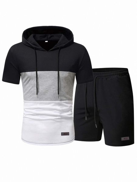 

men colorblock drawstring hooded tee & patched shorts r0fb#, Gray