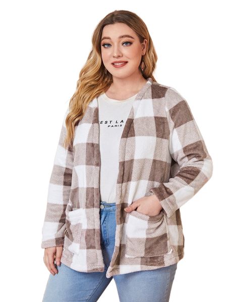 

plus gingham dual pocket coat f80u#, Black