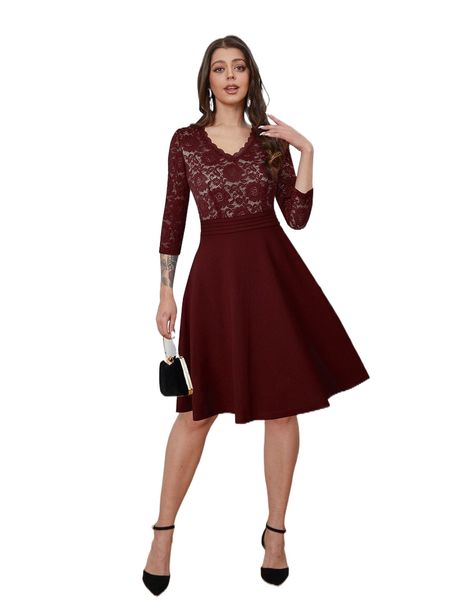 

contrast lace fit & flare dress d7ki#, Black;gray