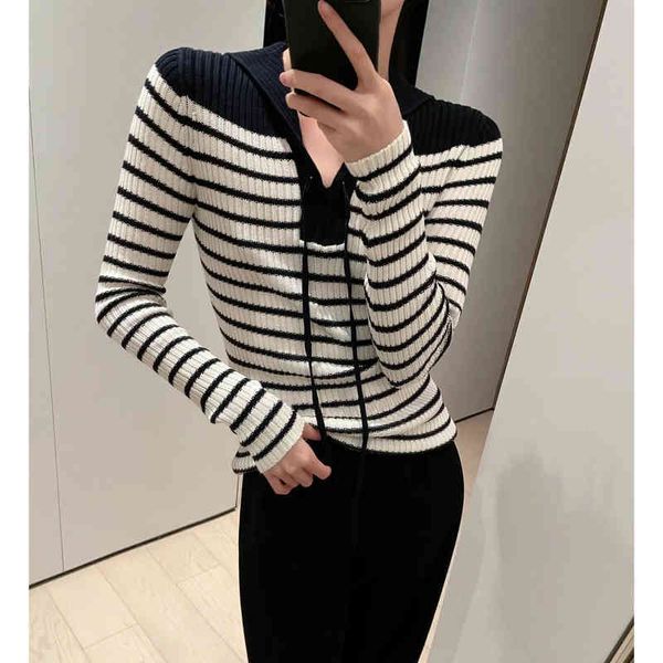 

women's hoodies sweatshirts early autumn wool lace up knit d blue stripe long sleeve shawl sweater 57zi, Black