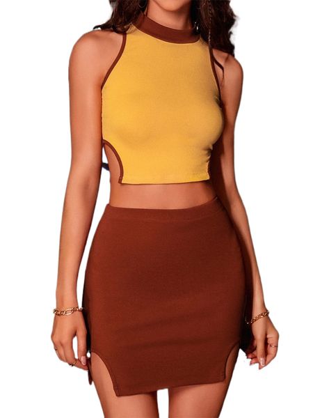 

contrast binding mock neck slit hem tank & bodycon skirt o6wd#, White