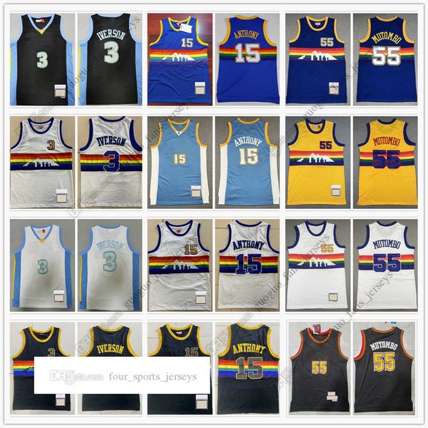 

retro mitchell and ness basketball jerseys 06-07 iverson 3 allen anthony 15 carmelo mutombo 55 dikembe blue black jersey size, Black;red