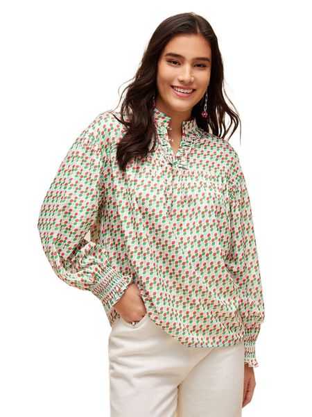 

allover print bishop sleeve frill trim q7i4#, White