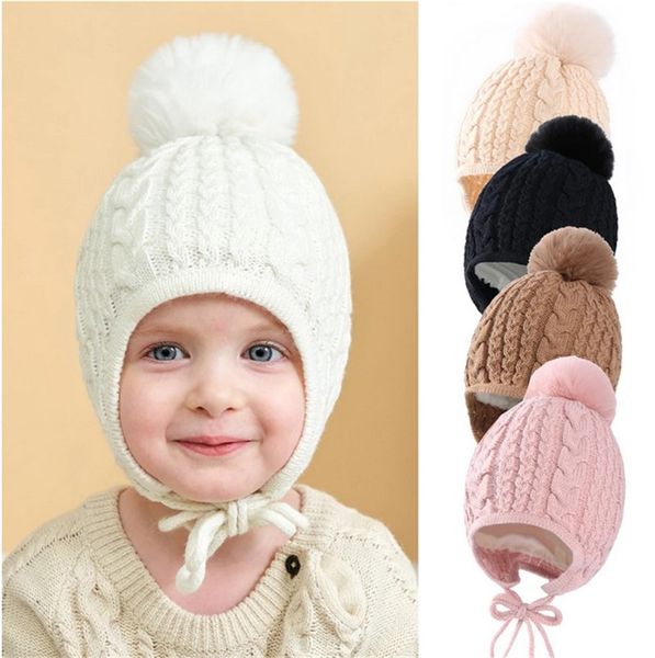 Peles Ball Baby Hat Baby Winter Autumn Kitt Baby Beanie Infant Bonnet Hats com Flaps de Earflap Kids Garotas Meninas Capinho Acessórios