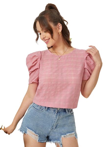 

puff sleeve textured keyhole back blouse a3ys#, White