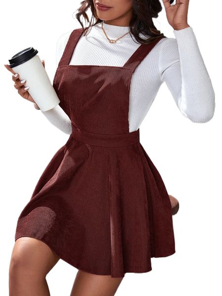 

criss cross back corduroy overall dress without p5hi#, Black;gray