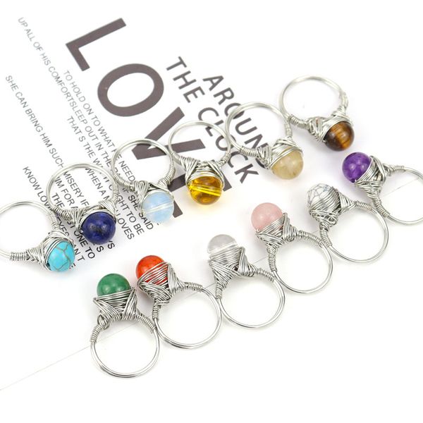 Enrolamento de arame Bola de pedra natural anéis de bola de lazuli ametistas tigre olho opala rosa anel de cristal para mulheres jóias