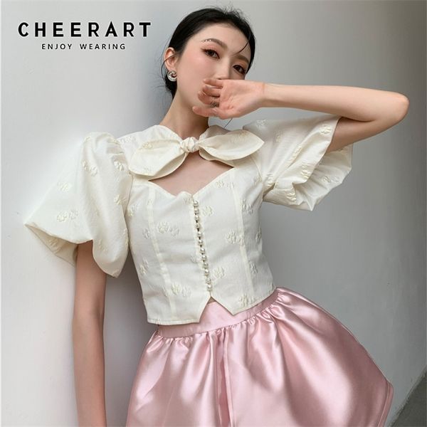 CHEERART manches bouffantes évider Crop Corset Top Bow manches courtes été Blouse Jacquard moulante dames Desinger Top 220527