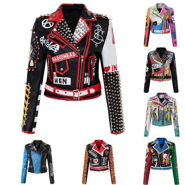 Кожаная куртка PU Женская заклепка панк -рок -куртка байкер -мотоциклист леопардовый короткий пальто кожа