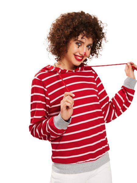 

striped contrast trim drawstring hoodie u201#, Black