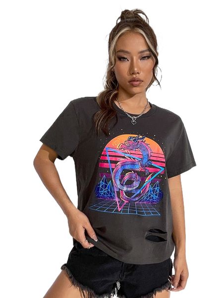 

x techranova dragon graphic ripped tee b5w4#, White