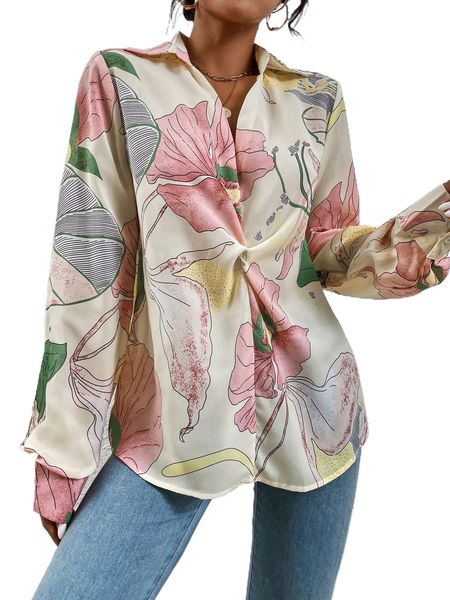 

floral print twist front blouse q9vx#, White