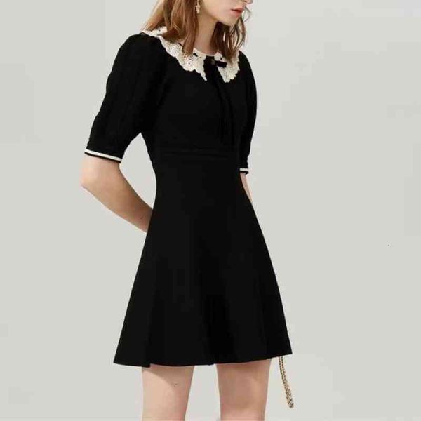 

casual dresses zhuojia summer women's crochet flower doll collar bubble sleeve knitted dress a-line skirt, Black;gray