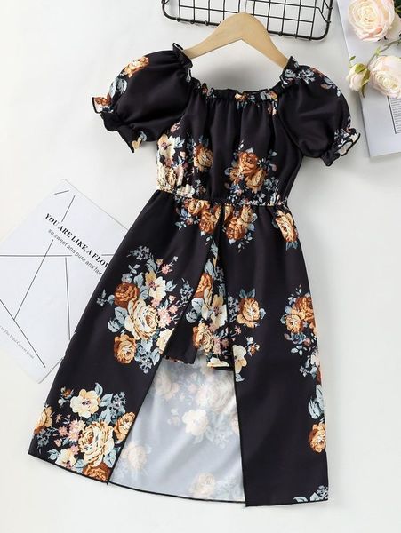 

toddler girls floral print puff sleeve tulip hem romper she, Blue