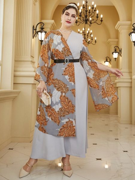 

plus random plant print split sleeve belted dress 674f#, Black