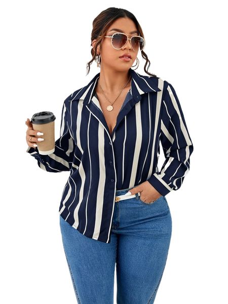 

plus striped button front shirt h1eo#, Black