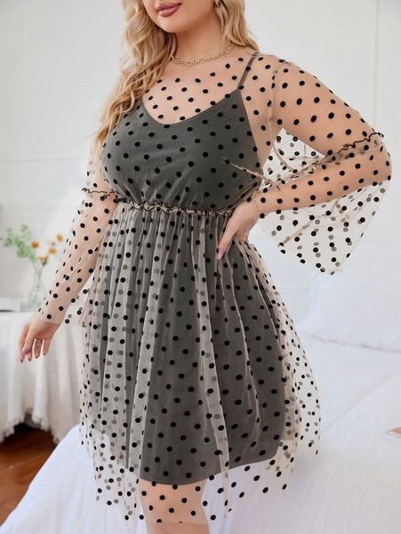 

plus dobby mesh overlay frill trim dress n5ap#, Black