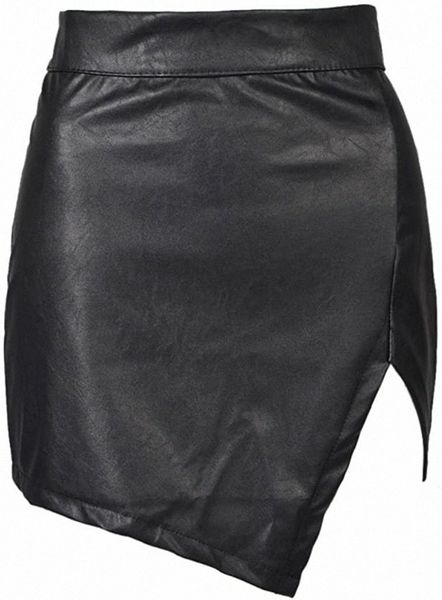 

women's black cut out mid waist asymmetric hem pu mini skirt f5ea#, Black;gray