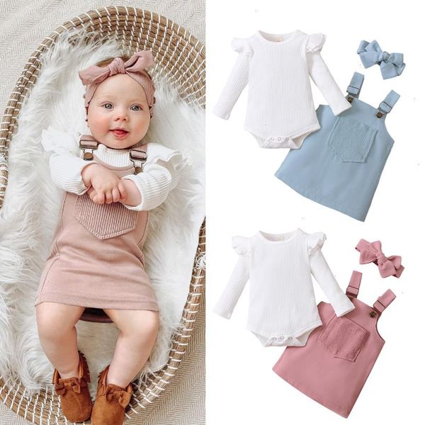 

0-18m infant baby set girl 2pcs autumn clothing long sleeve solid romper suspender skirt 2colors, White