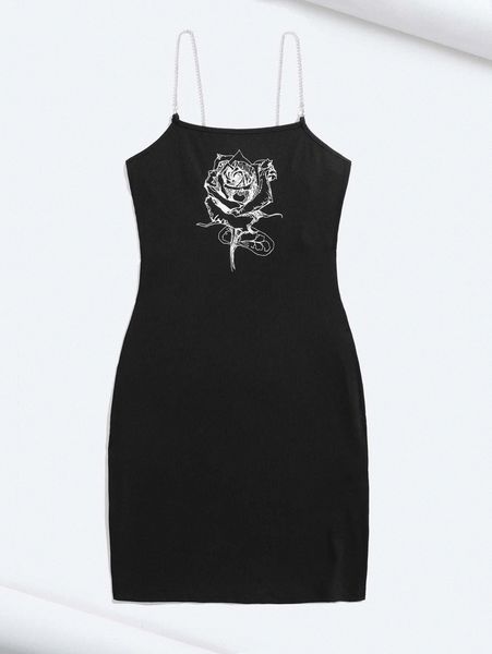 

x cassi walsh rose print rhinestone chain strap cami dress o5mo#, Black;gray