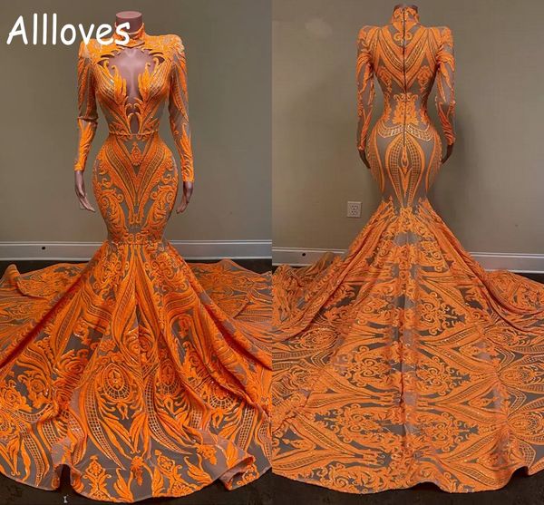 

vintage orange prom dresses with long sleeves see through lace high collar mermaid evening formal gowns women plus size arabic aso ebi vesti, Black