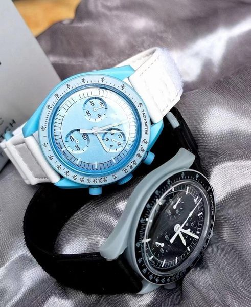 

bioceramic moonswatch swiss quqrtz chronograph mens watch so33g100 mission to earth 42mm real green ceramic blue dial nylon strap with box s, Slivery;brown