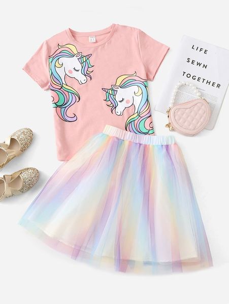

girls dinosaur print tee & mesh skirt set she, White