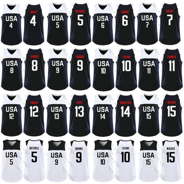 

2019 world cup usa team basketball 4 derrick white 7 marcus smart 8 harrison barnes 11 mason plumlee 12 myles turner 13 brook lopez jersey, Black;red