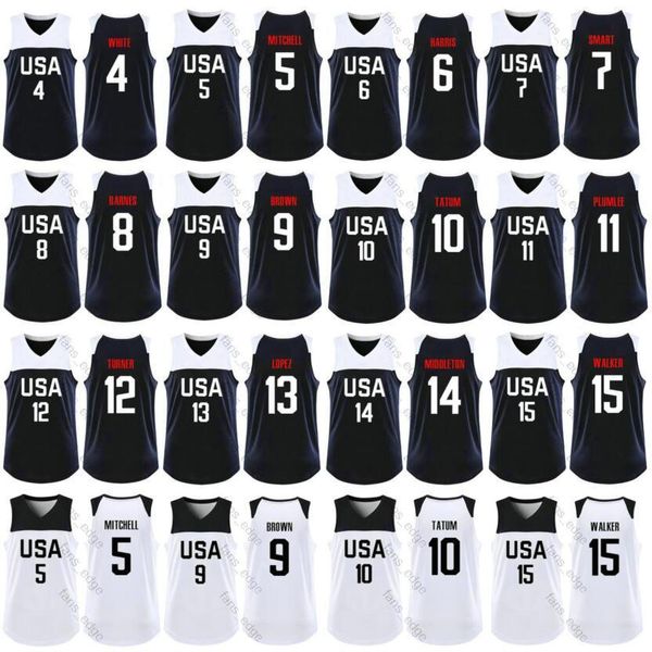 

2019 world cup usa team basketball 4 derrick white 7 marcus smart 8 harrison barnes 11 mason plumlee 12 myles turner 13 brook lopez jersey, Black;red