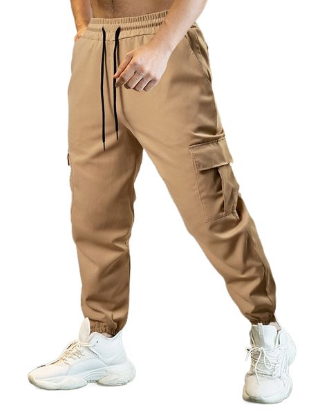 

men flap pocket side drawstring waist cargo pants n6k4#, Black