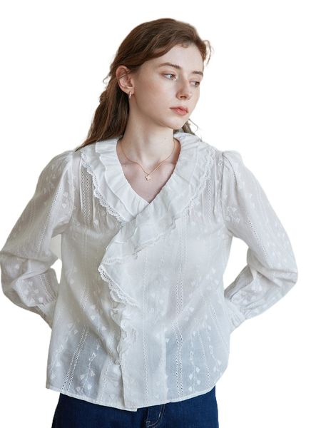 

simple retro plants embroidery ruffle trim shirt l8yd#, White