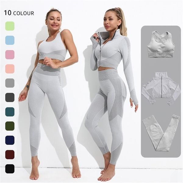 

2/3pcs women's sportswear seamless yoga set workout gym clothing fitness long sleeve crop high waist leggings sports suits 220330, Gray