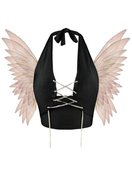 

rhinestone chain lace up front halter b8xr#, White