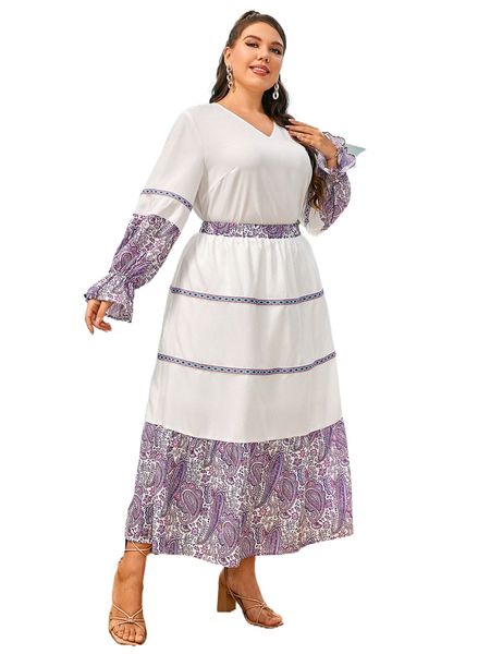 

plus paisley print contrast tape flounce sleeve & skirt r0xs#, Black