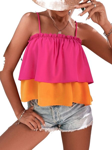 

two tone frill trim layered hem cami 43nh#, White